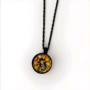 HONEY BEE Honeycomb Pattern 1" Round Pendant Necklace 19" Adjustable Chain - NEW